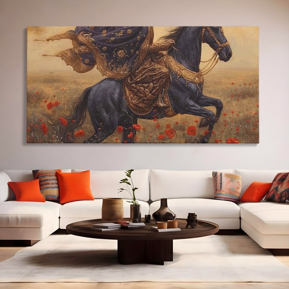 Tablou canvas cu printesa pe armasar negru in camp de maci, fara rama, pe sasiu de lemn, pe perete intr-un living